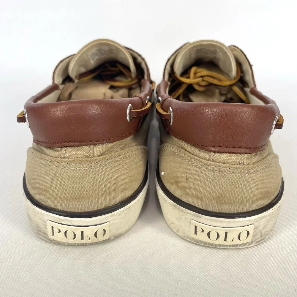 Polo Ralph Lauren Rylander Boat Shoes Beige Canvas Leather Mens 12D